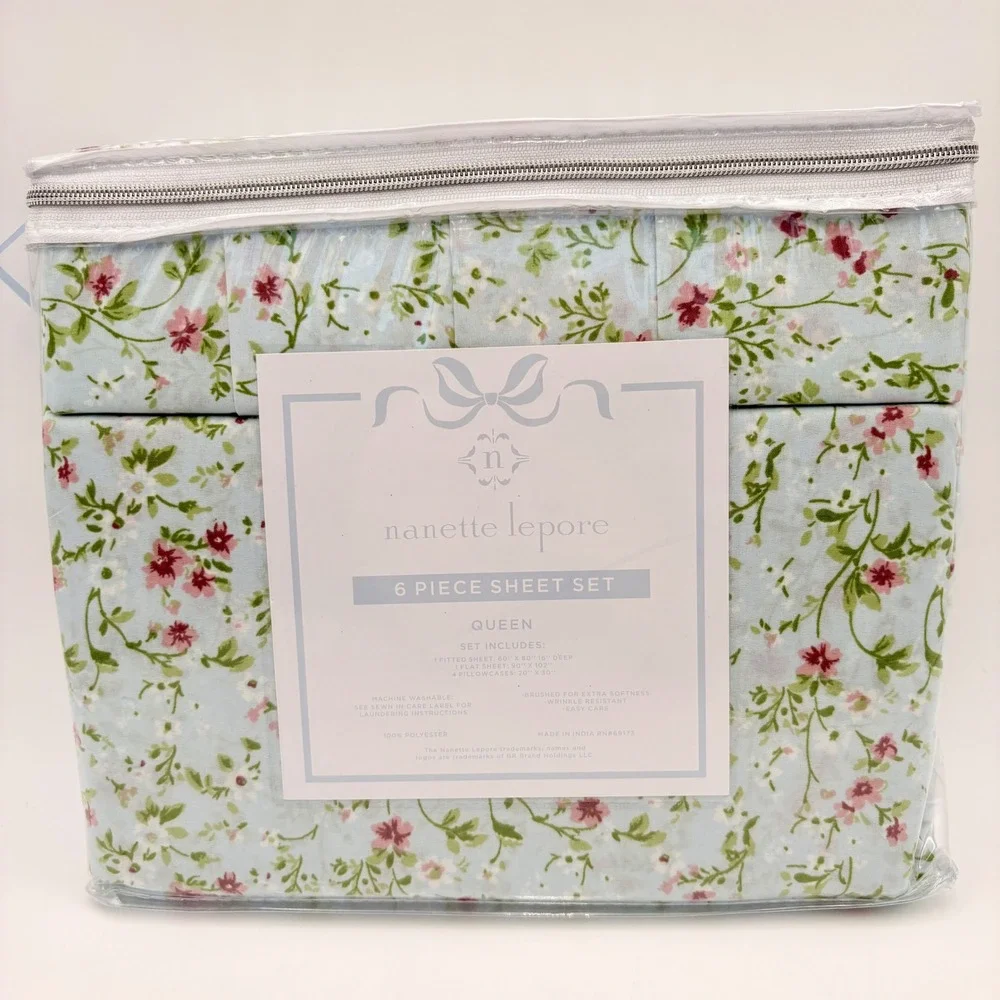 Nanette Lepore Queen 6 Piece Sheet Set Blue Floral Print‎ Coquette Rosettes
